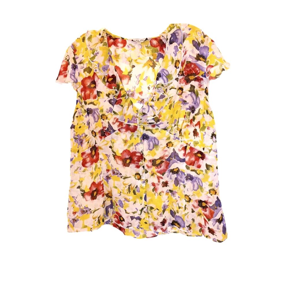 Laura Ashley Ruffle V-Neck Floral Short Sleeve Blouse Size 14 Summer Careerwear